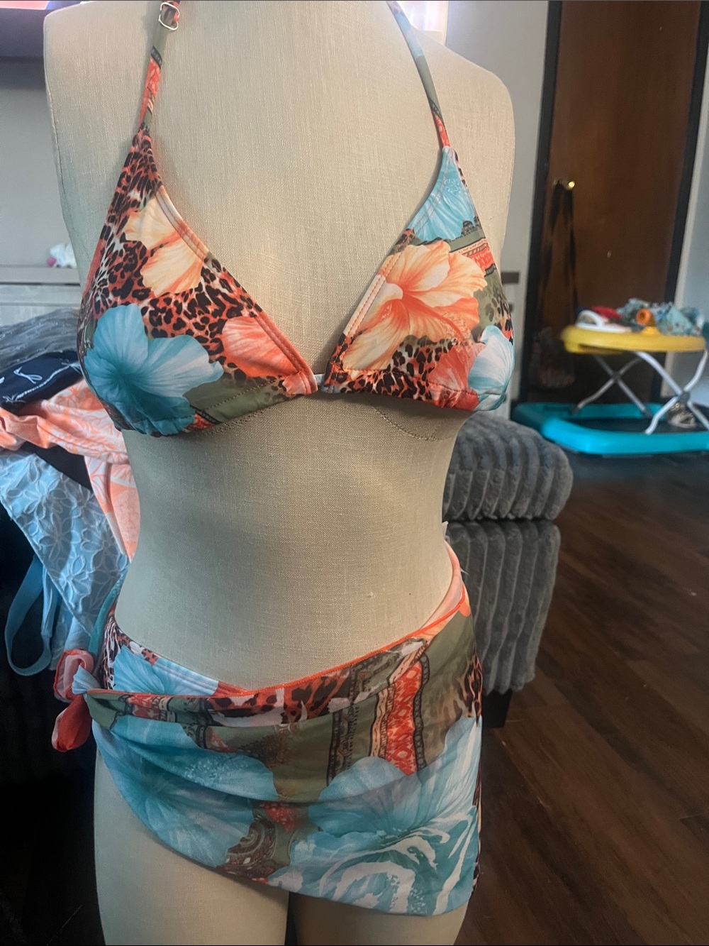 Floral Leopard Print Triangle Bikini Set in Coral & Aqua